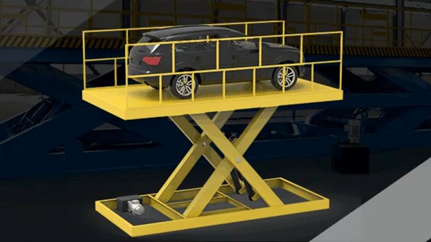 Mornlift vehicle loading ramp taking car upward at warehouse